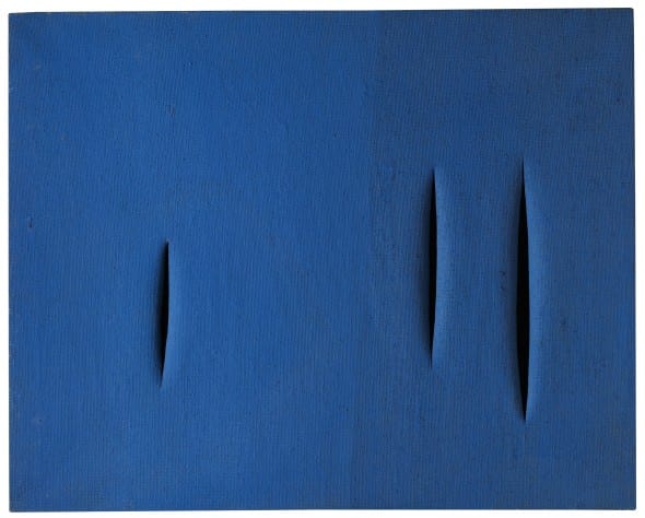 LUCIO FONTANA CONCETTO SPAZIALE, ATTESE firmato, intitolato e datato 57 sul retro Idropittura su tela, blu cm 80x100 Stima: € 300.000-400.000 PROVENIENZA Marlborough Gallery, Roma Acquistato dall’attuale proprietario nel 1970                 ESPOSIZIONE  Madrid, Museo Nacional Centro de Arte Reina Sofia, Lucio Fontana. Entre matéria y espacio, 1998, pp. 94, 132, n. 45, illustrato