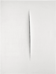 PROPERTY FROM A PRIVATE ITALIAN COLLECTION LUCIO FONTANA 1899 - 1968 CONCETTO SPAZIALE, ATTESA signed, titled and inscribed Dovrei andare a Parigi con Crippa on the reverse waterpaint on canvas 116 by 89cm.; 45 3/4 by 35in. Executed in 1965. Estimate 2,200,000 — 3,000,000 GBP