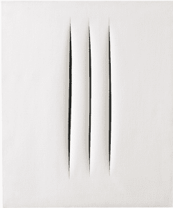 LUCIO FONTANA 1899 - 1968 CONCETTO SPAZIALE, ATTESE signed, titled and inscribed Verga, vergone, vergani, vergottini, virgolette on the reverse waterpaint on canvas 64 by 54cm.; 25 1/8 by 21 1/4 in. Executed in 1966. Estimate 800,000 — 1,000,000 GBP