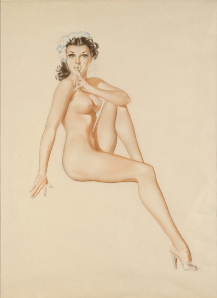 Brunette with Blue Flowers, watercolor, crayon & graphite on paper by Alberto Vargas