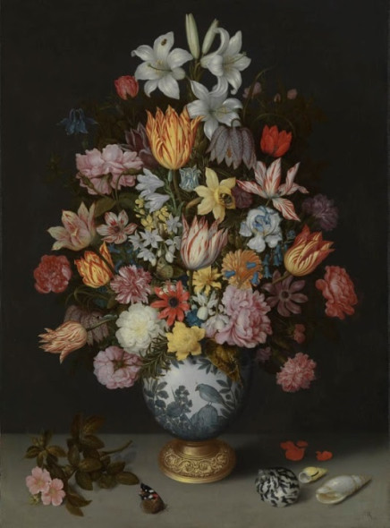 Ambrosius Bosschaert the Elder, A Still Life of Flowers in a Wan-Li Vase on a Ledge with further Flowers, Shells and a Butterfly, 1609-10 © The National Gallery, London