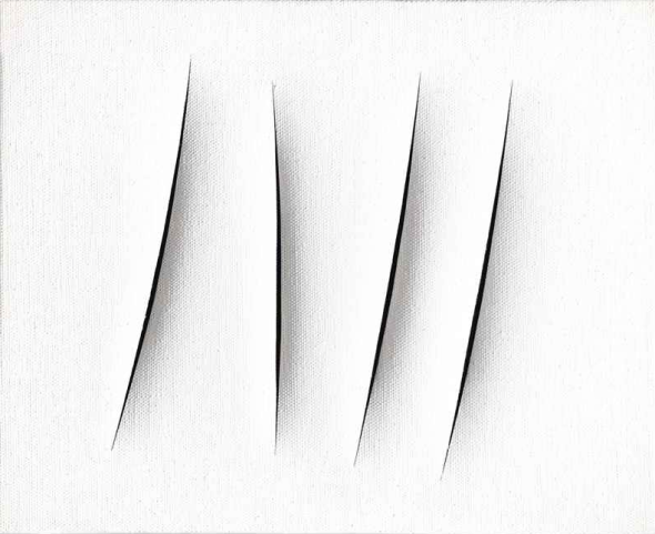 Lucio Fontana (1899-1968) Concetto spaziale, Attese firma e titolo l. fontana "Concetto spaziale" "ATTESE" (sul retro) idropittura su tela cm 33,2x41,5 Eseguito nel 1963-64 Opera registrata presso la Fondazione Lucio Fontana, Milano, n. 2145/1, come da autentica su fotografia Estimate EUR 500,000 - EUR 700,000 