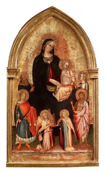 MAESTRO DI SAN JACOPO A MUCCIANA (attivo a Firenze tra il 1390 e il 1425 circa) Matrimonio mistico di Santa Caterina d'Alessandria con San Giuliano, Sant'Antonio abate, San Giovanni Battista e due Angeli. 1400-1405 circa. Tempera e oro su tavola - 74.8 x 42.5 cm.’