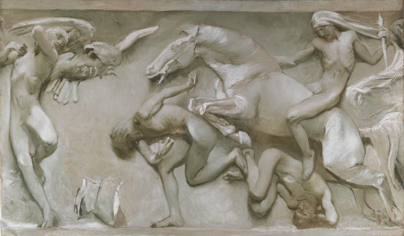 Giulio Aristide SARTORIO  (Roma 1860 – 1932)  Dalle grandi scoperte traverso le tristi età, al risorgere vivo della Stirpe, 1906 Olio su tela, cm. 100 x 160