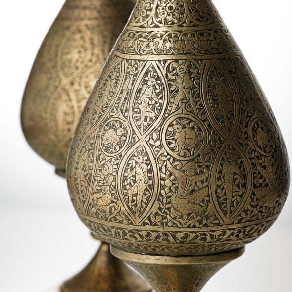 Vases, pierced and chased brass, Iran (probably Isfahan), 19th century. F66C & F66D. Given by Miss E.G. Tanner in 1926. 3 of 6