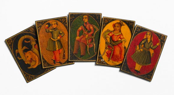 As-Nas playing cards, lacquer, Iran, 19th century. F84. Given by Miss E.G. Tanner in 1927.