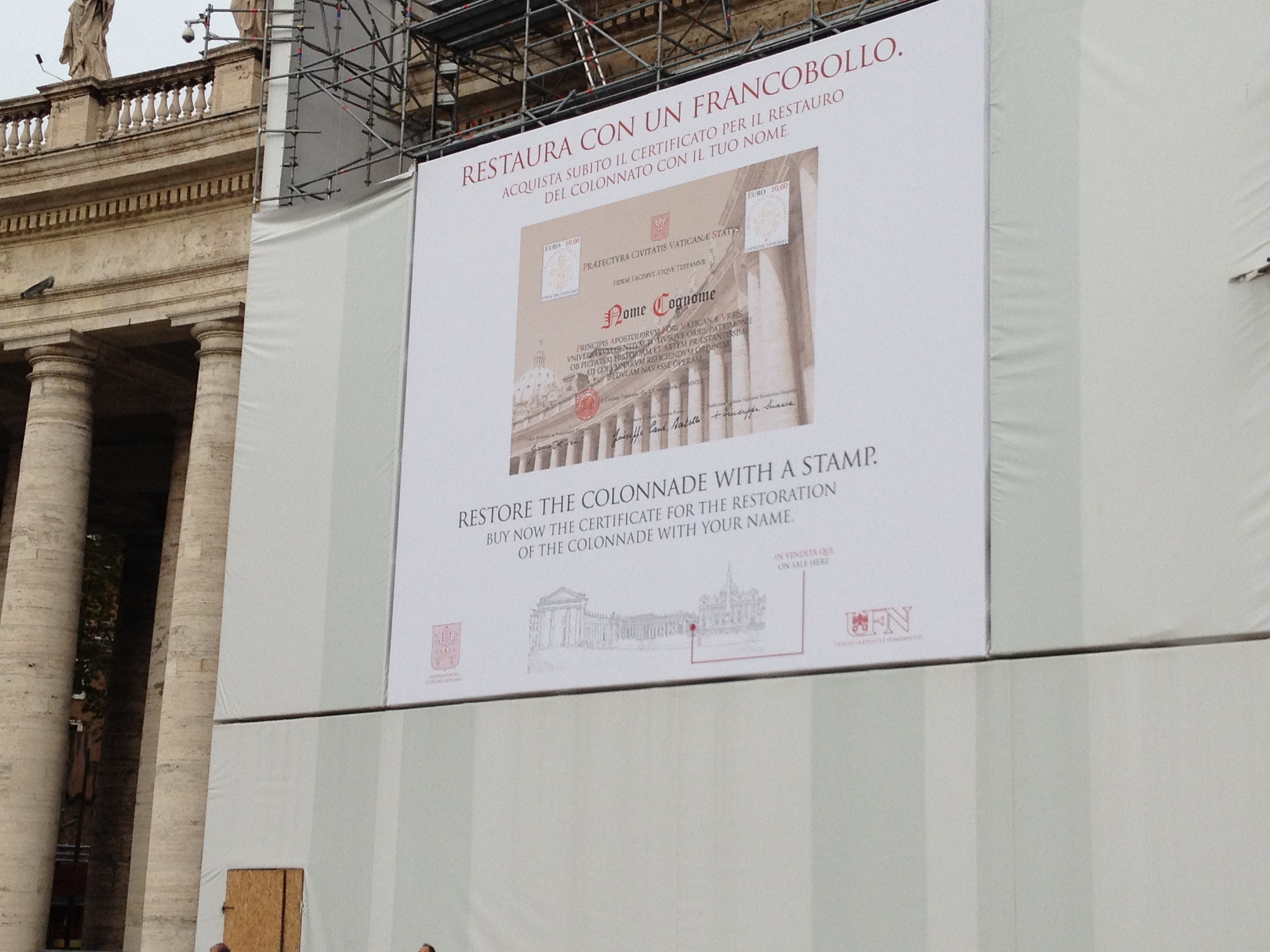 Certificato Filatelico per il restauro dell colonnato di Piazza San Pietro