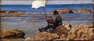 Giovanni Fattori, Silvestro Lega che dipinge sugli scogli, 1866 circa, Olio su tavola, 12,5 28 cm
