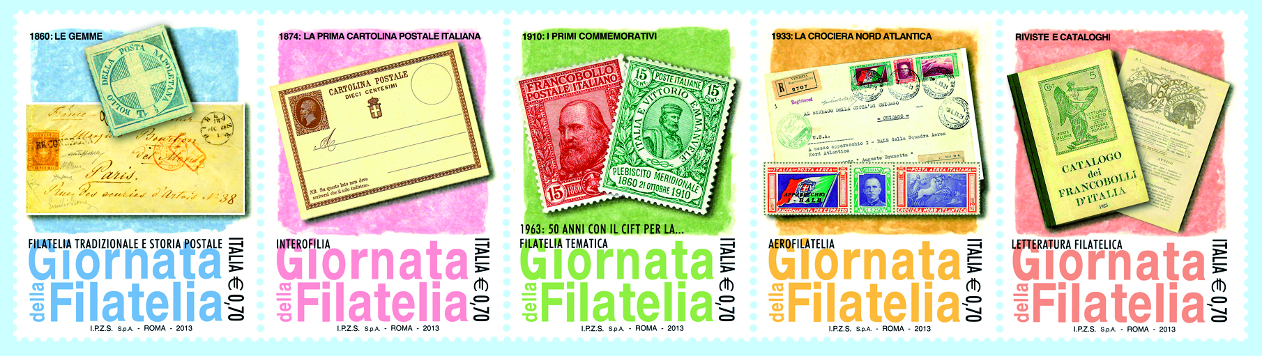 Cinque francobolli celebrativi della Giornata della filatelia