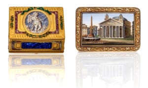 A sinistra, Boite à mouches, attribuée à Jean Georges, milieu du 18ème siècle, or émaillé (estimation 12 000 - 15 000 € / 16 000 – 20 000 $) A destra, Boite à décor en micro-mosaïque, vers 1820 (estimation 20 000 - 30 000 € / 28 000 – 41 000 $)