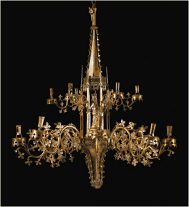 SOUTH NETHERLANDISH OR GERMAN, PROBABLY DINANT OR NUREMBERG, LATE 15TH CENTURY KAPELLENKRONE (TABERNACLE CHANDELIER) seven of the eight arms of the lower tier numbered 1 to 7 using a ring and dot numeric system, the supporting slots affixed to the matrix numbered correspondingly copper alloy, with a central iron rod and metal pins 110 by 92cm., 43 1/4 by 36 1/4 in. overall. Estimate 200,000 — 300,000 GBP