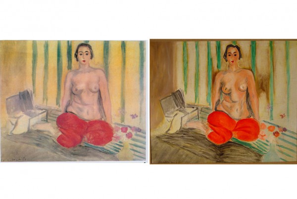 Henri Matisse, Odalisque in Red Pants (Odalisque a la culotte rouge) (1925) (left) and the fake left in its place (right) Photo: via Art Daily