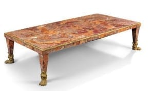 AN ITALIAN ORMOLU-MOUNTED RED SICILIAN JASPER COFFEE TABLE 20TH CENTURY, POSSIBLY ROME