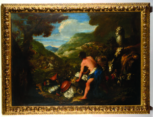 Bartolomeo Guidobono (Savona 1654 - Torino 1709) Il viaggio di Giacobbe coppia di dipinti ad olio su tela, cm 140x100 stima € 60.000 - 70.000 "L'intera composizione deriva da Castiglione: le coppie di animali, eseguite con convincente realismo, ed il gruppo di pentole e ceste poste in primo piano, le figurine schizzate nel mezzo, nonchè le colline visibili in lontananza sullo sfondo di un cielo azzurro appena annuvolato. La meticolosità con la quale è realizzata la natura morta arriva a superare i conseguimenti dello stesso Castiglione, mentre il volto del giovane ricorda i personaggi dell'Ascensione. E' possibile che si tratti di un'opera giovanile di Bartolomeo, eseguita in una fase di forte dipendenza stilistica da Castiglione. Questa tela potrebbe essere identificata, insieme all'Orfeo con uno dei due dipinti eseguiti per Durazzo e descritti da Ratti (1769, p.142) come "due copie di quadri con animali del Grechetto, che son preziose, quanto i medesimi originali". Se cos' fosse, le due opere ricorderebbero le composizioni di Castiglione andate perdute.” estratto da Mary Newcome Pubblicato su: "Bartolomeo e Domenico Guidobono" di Mary Newcome, pag. 109, fig. 33, ed. Artema, Torino. 2002