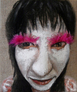 Stasera festa! acrilico e piume su juta estroflessa, 30x25x9 cm, 2014