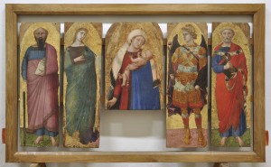 Ambrogio Lorenzetti, Madonna col Bambino tra San Pietro, San Paolo, una Santa martire e San Michele Arcangelo, tempera su tavola, Siena, Chiesa di San Pietro in Castelvecchio Il Polittico nello stato configurato col restauro del 1965. (foto Marcello Formichi, Soprintendenza Belle Arti e Paesaggio di Siena, Grosseto e Arezzo, 2015)