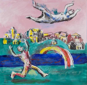 Dario Fo: Un colpo di vento e Bella raggiunge il cielo, 2015. Tecnica mista su tela, 100x100cm. Archivio Franca Rame e Dario Fo