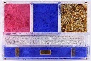 Yves Klein Ex voto dedicato a Santa Rita da Cascia 1961 pigmento puro, foglia d’oro, lingotti d’oro e manoscritto in teca di plexiglas 14 x 21 x 3,2 cm Monastero di Santa Rita, Cascia © Yves Klein, ADAGP, Paris / SIAE Milano, 2016