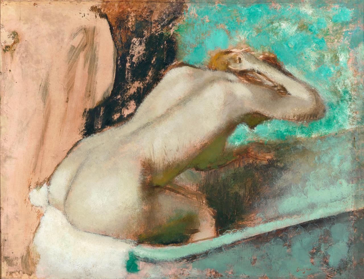 Edgar Degas Woman seated on the edge of a bath sponging her neck (Femme assise sur le bord d'une baignoire et s'épongeant le cou) c. 1880–95 oil and essence on paper on canvas