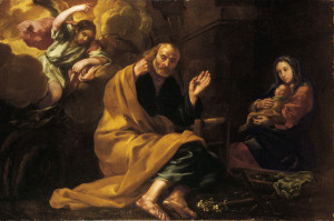 Bernardo Keilhau, detto Monsù Bernardo (Elsinore 1624-Roma 1687) Olio su tela cm 147x 222 in cornice coeva La sacra Famiglia riceve dall'Angelol'ordine di fuggire in Egitto; 1660 circa