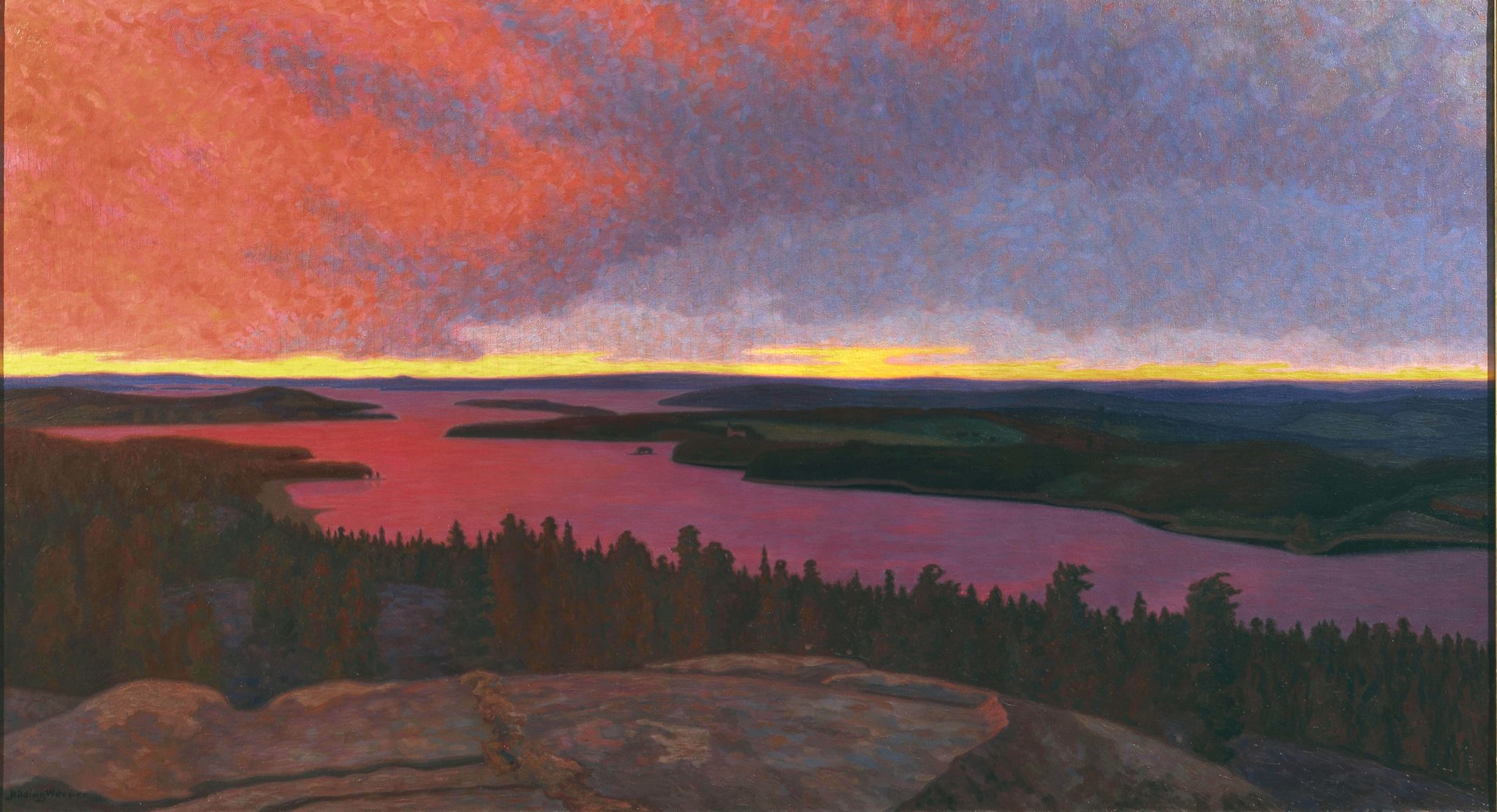 Veduta del lago Glafsfjorden a Värmland al tramonto di Hilding WERNER (Kårud, Svezia 1880 - 1944)
