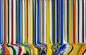 IAN DAVENPORT COLOURCADE : ORANGE & BLUE, 2015 ACRYLIC ON ALUMINIUM MOUNTED ON TWO ALUMINIUM PANELS 103X158 CM COURTESY GALLERIA TEGA,MILANO PHOTO: GALLERIA TEGA , MILANO