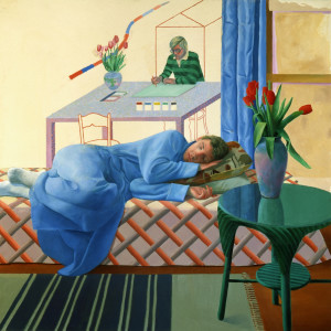 Model with Unfinished Self Portrait 1977 Oil paint on canvas 1524 x 1524 mm Private collection c/o Eykyn Maclean © David Hockney