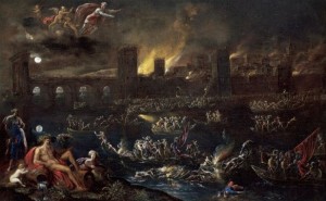 Agostino Tassi - Incendio notturno di una città", 1637-8. Olio su tela, cm 63x99,5. Parigi, Galerie Canesso, prov.: Francia, collezione privata