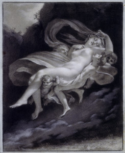 Pierre-Paul Prud’hon Psiche rapita da Zefiro Matita nera, gesso bianco, sfumino su carta azzurra. Incorniciato a matita nera 33 x 17 cm (29,4 x 23,7 cm incorniciatura) Parigi, collezione Prat Diritti riservati