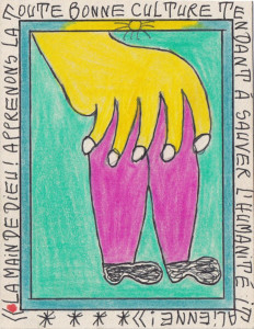 Frédéric Bruly Bouabré (Costa d’Avorio) La main de Dieu! Apprenons la toute bonne culture tendant à sauver l’humanité italienne!, 2012 graphite, ball point pen and colored pencil on cardboard, cm 14,2 x 11, courtesy Collection Patrick Fuchs, Bénédicte Montant, Marco Colucci, Ginevra PAC Milano Africa