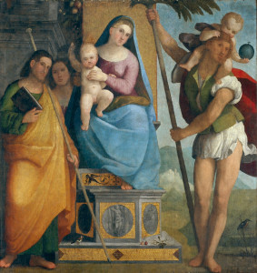 Marcello Fogolino Madonna in trono col Bambino tra i Ss. Giacomo, Filippo e Cristoforo, olio su tela - ante 1523