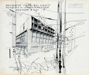 Armando Ronca, Ristrutturazione e sopraelevazione del quotidiano Alto Adige, Bolzano, 1962-1963, disegno prospettico, Archivio Storico della città di Bolzano