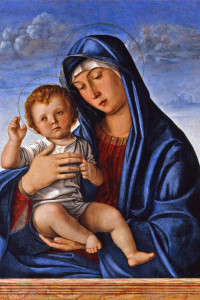 Giovanni Bellini, Madonna con Bambino benedicente, 1470 - 1490 circa, tempera su tavola, cm 64.5 × 50.5. Treviso, Musei Civici di Treviso