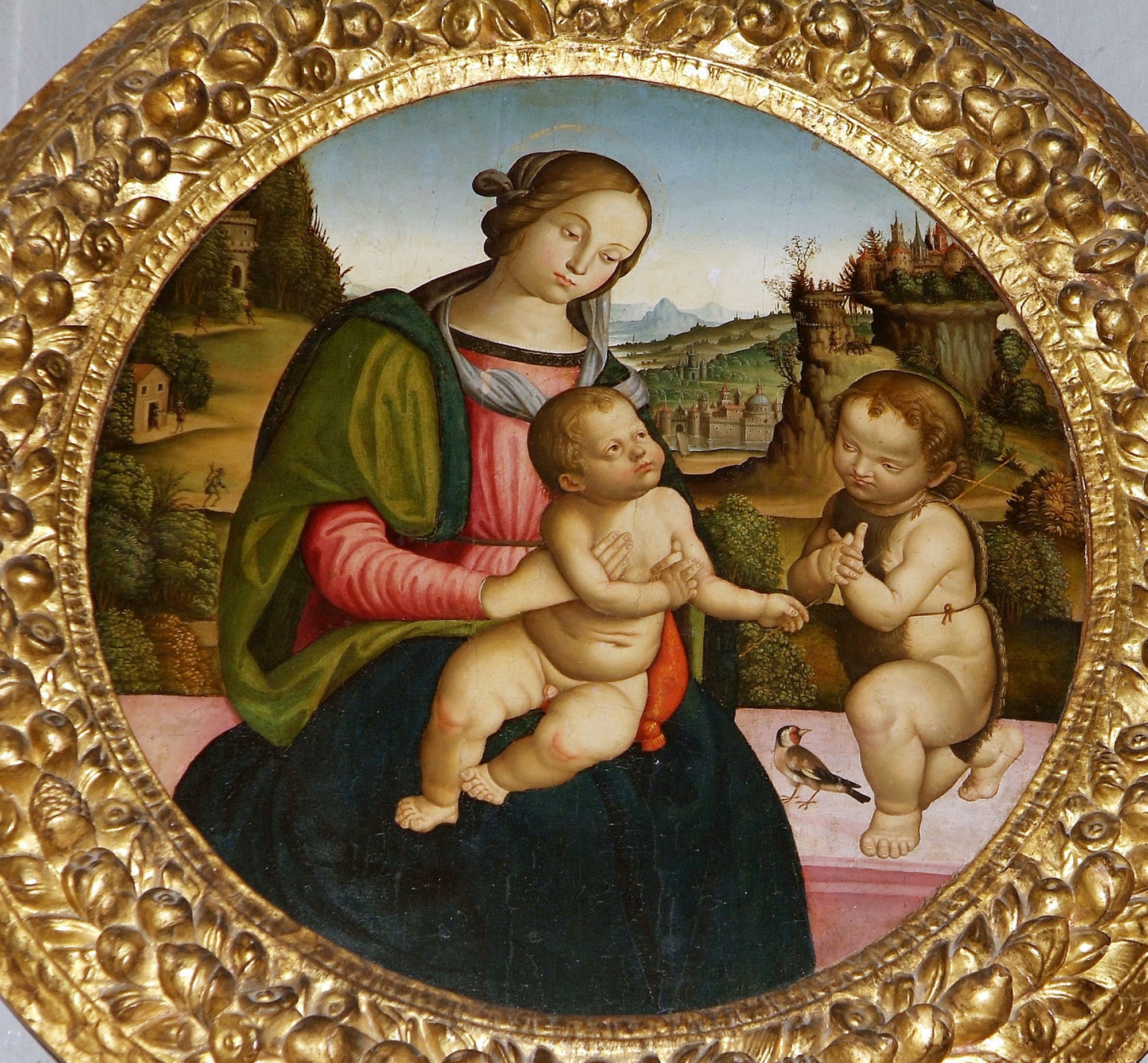 quadro raffigurante la Madonna con il bambino e San Giovanni Battista della scuola umbra perugino-Pintoricchiesca