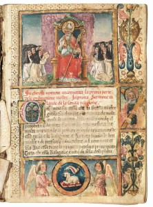 1 (Manoscritto miniato – Genova) GREGORIO DA PIACENZA. Regola delle Monache di Santa Maria della Passione in Genova, 1411. Manoscritto su pergamena in 8vo (205 x 145 mm), [53] carte. Completo. Specchio di scrittura ca. 140 x 100 mm. Testo su una colonna di 25 righe, in grafia gotica in inchiostro bruno, titoli in rosso, un paio di capilettera più grandi in rosso e in azzurro, altri più piccoli in rosso o in azzurro. Incipit in rosso con iniziale floreale policroma su fondo oro, entro ampia cornice figurata, suddivisa in 5 compartimenti figurati, di cui: una grande vignetta in testa che raffigura un vescovo attorniato da suore agostiniane, la cui badessa è ritratta nell’atto di consegnare presumibilmente il presente volume al vescovo; una vignetta in calce che rappresenta due angeli che reggono un tondo con all’interno l’Agnello assiso sulle Sacre Scritture; al margine esterno un piccolo ritratto di uomo anziano che porta la Croce (presumibilmente il Cireneo), con vignette floreali sopra e sotto. Legatura antica in piena pelle riccamente decorata in oro, fleurons ovali al centro dei piatti, quello anteriore con la Crocifissione, quello posteriore con la Vergine e il Bambino, entro cornice floreale con fregi accantonati. Resto di fermagli. Varie tracce del tempo ma generalmente molto ben conservato. DELIZIOSO CODICE MINIATO IN VOLGARE, che contiene la regola delle monache agostiniane della chiesa di Santa Maria della Passione in Genova, scritto da Padre Gregorio da Piacenza (presumibilmente il loro confessore), come si desume da una nota al termine del manoscritto. L’opera si apre con un “Sermone in laude de la sancta religione”, seguito da un prologo e da una prima parte suddivisa in 33 capitoli che trattano, tra l’altro: quale ufficio debbano recitare le sorelle che non sanno leggere; il modo in cui si parla attraverso la grata e come comportarsi con gli uomini che entrano nel monastero; silenzio, obbedienza, esercizi manuali; quante volte all’anno le monache si debbano confessare; come accogliere le novizie; alimentazione e digiuno; sonno; scelta della Badessa e suoi doveri; riunioni settimanali; abbigliamento e calzature; cura delle sorelle inferme; come e chi debba seppellire le monache defunte. La seconda parte dell’opera, costituita da 9 capitoli, elenca tutte le punizioni da mettere in atto nei vari casi in cui le monache vengano meno ai loro doveri o si comportino male. I castighi vanno dal mangiare pane e acqua per terra, baciare i piedi alle sorelle, lavare i piatti, restare in silenzio, ad un anno di reclusione per “la sorella ala quale fa di bisogno licenciare dal monasterio per la sua captiva vita”. Molto interessante soprattutto perché redatto in italiano volgare. Lotto offerto con certificato di libera circolazione – This lot has a valid export license Stima € 6.000 / 8.000 Aggiudicazione: € 15.000