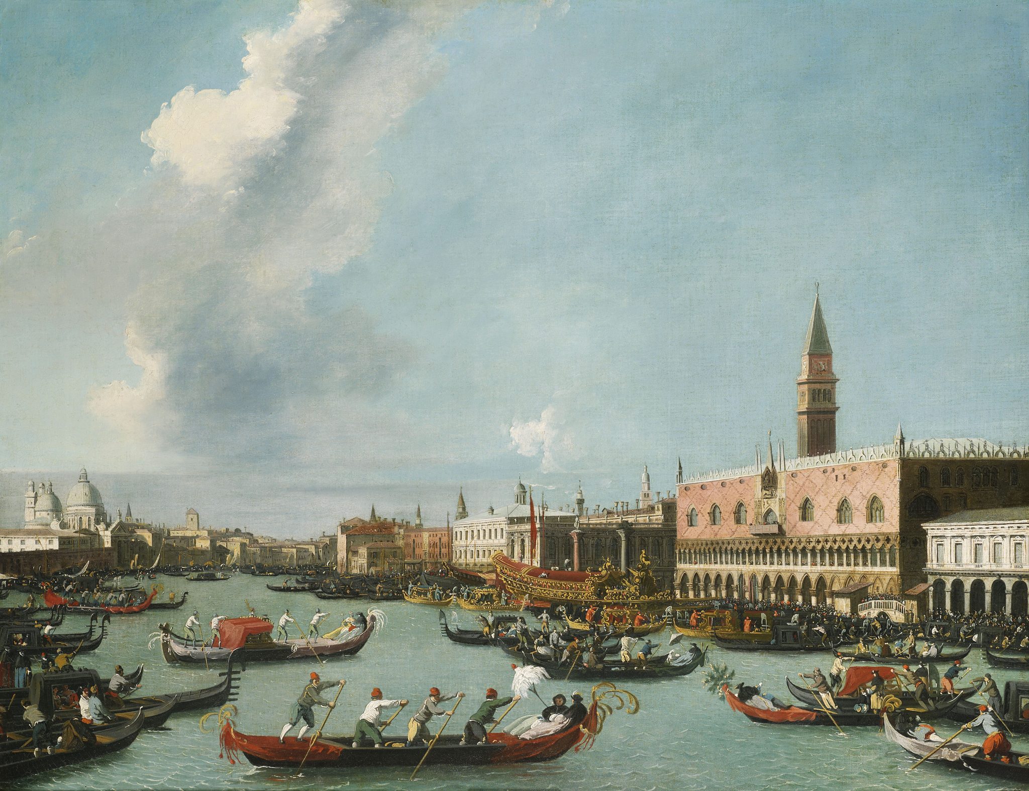 Venice, a view of the Grand Canal with a regatta, looking north-east from Palazzo Balbi to the Rialto Bridge Venice, a view of the Molo with the Bucintoro on Ascension Day A pair, both oil on canvas, 71.5 x 91.5cm Provenance European private collection