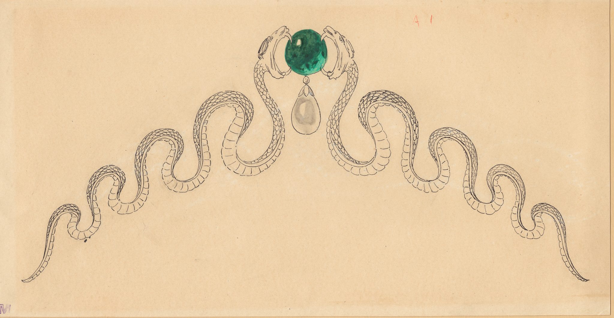 Joseph Chaumet (1852-1926), drawing workshop Preparatory drawing for a tiara with facing snakes surrounding an emerald, Ca. 1890-1900 15.5 x 29 cm Pen and black ink, traces of graphite pencil, gouache wash on cream tinted card © Chaumet Collection