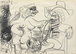 PICASSO Nu, homme a la pipe et amour 1969 Dessin à l'encre 31,5x44 cm