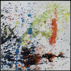 Lotto  330 SHOZO SHIMAMOTO Osaka 1928 - 25/01/2013 Helicopter work 06, 2004 acrilici su tela 148x150 cm, firma in basso a destra, etichetta e timbri della Galleria ABC Arte al retro, opera eseguita facendo cadere il colore sul tessuto da un elicottero, performance in Ronchi dei Legionari, Udine nel 2004, opera registrata presso l'archivio Shozo Shimamoto come da certificato allegato. Stima € 81.000/90.000 Base d’Asta € 45.000