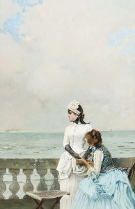 VITTORIO MATTEO CORCOS (Livorno 1859- Firenze 1933)Dis-moi tout! Olio su tela, 93 x 61 cm Firmato e datato in basso a sinistra: “V. Corcos 83”