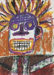 JEAN-MICHEL BASQUIAT (New York, USA 1960 - New York, USA 1988) Senza titolo acrilico, olio e pigmenti organici su cartolina, cm 17,78x12,7 sul retro firmato e datato J.M.B 81 eseguito nel 1981 stima 20.000/40.000 euro