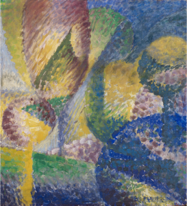 Lotto 31. Enrico Prampolini – (Modena 1894 – Roma 1956), “Sensazione cromatica di giardino” 1914, tecnica mista su cartone, cm 59,5×54. Firmato in basso a destra. Firmato e titolato al retro.