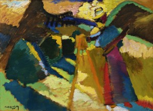 Wassily Kandinsky 1866 - 1944 GABRIELE MÜNTER IM FREIEN VOR DER STAFFELEI (GABRIELE MÜNTER PAINTING OUTDOORS IN FRONT OF AN EASEL) signed Kandinsky (lower left) oil on board 32.5 by 44.5cm. 12 3/4 by 17 1/2 in. Painted in 1910.