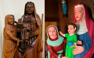 Il gruppo scultoreo prima e dopo la ridipintura nel villaggio della Spagna (foto La Nueva Espana)
