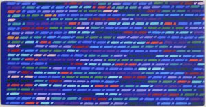 Lotto 330 PIERO DORAZIO [Roma 28/06/1927 - Todi 17/05/2005] Teoria, 1979 olio su tela 26x52 cm, titolo, firma, anno e timbro dell'artista al retro, dichiarazione d'autenticità dell'artista su foto. Stima € 27.000/30.000 Base d’Asta € 15.000