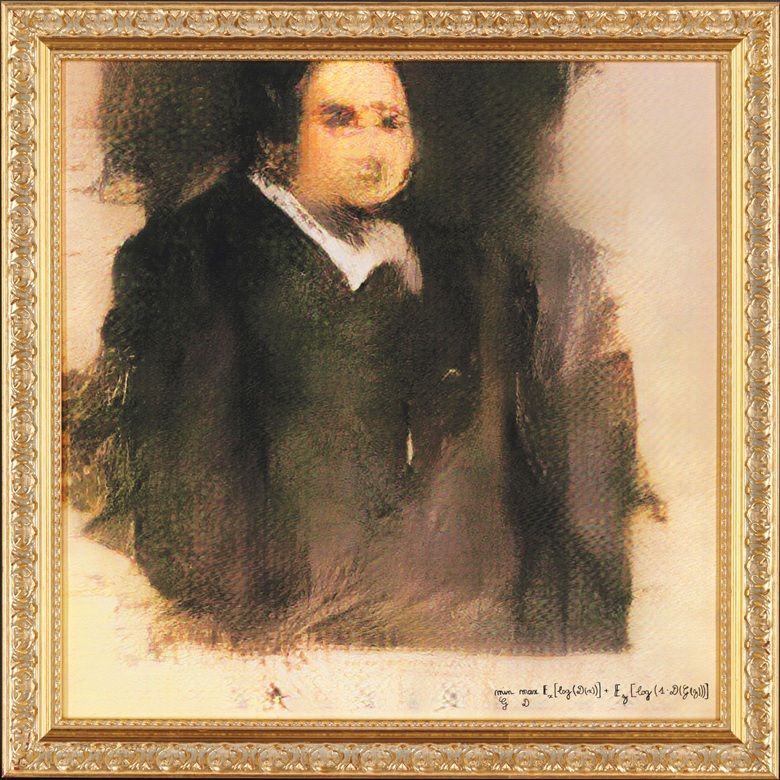 ??? ? ??? ? ?? [??? ? (?))] + ?? [???(? − ?(?(?)))], Portrait of Edmond de Belamy, from La Famille de Belamy (2018). Courtesy Christie's Images Ltd.