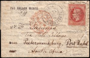 Lotto 369 FRANCIA Ballon Monté, 1870 (22 dic.) Le "Délivrance" "Formule lettre" con testo da Parigi per Pietermaritzburg (Sud Africa), affrancata con 80c. "Napoléon lauré". Rarissima destinazione di cui sono note solo 2 lettere Provenienza Collezione "Tirreno" Valutazione 7.000-10.000€ Venduto a 35.000€