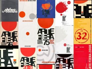 Tutte le evoluzioni del logo disegnato da G. Lanzi nel corso delle varie edizioni di Arte Fiera.