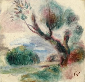 Lotto 72 Pierre-Auguste Renoir (1841-1919) Arbre à Cagnes, au loin la mer, 1896 olio su tela applicato su tavoletta, cm 14,5x14,5 monogrammato con iniziale R in basso a destra Stima € 35.000 - 45.000 Venduto a € 47.500