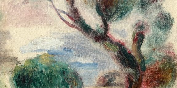 Lotto 72 Pierre-Auguste Renoir (1841-1919) Arbre à Cagnes, au loin la mer, 1896 olio su tela applicato su tavoletta, cm 14,5x14,5 monogrammato con iniziale R in basso a destra Stima € 35.000 - 45.000 Venduto a € 47.500